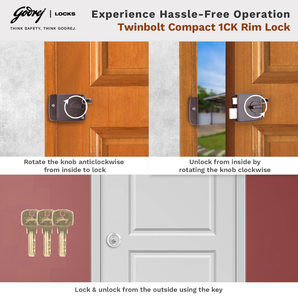 Godrej Rim Lock I Twin Bolt  | Compact 1Ck Latch Bolt I for Inside Opening Wooden Doors I Left Right Handed Doors | Home Main Door I 3 Keys  I Textured Brown Finish I 5 Year Warranty